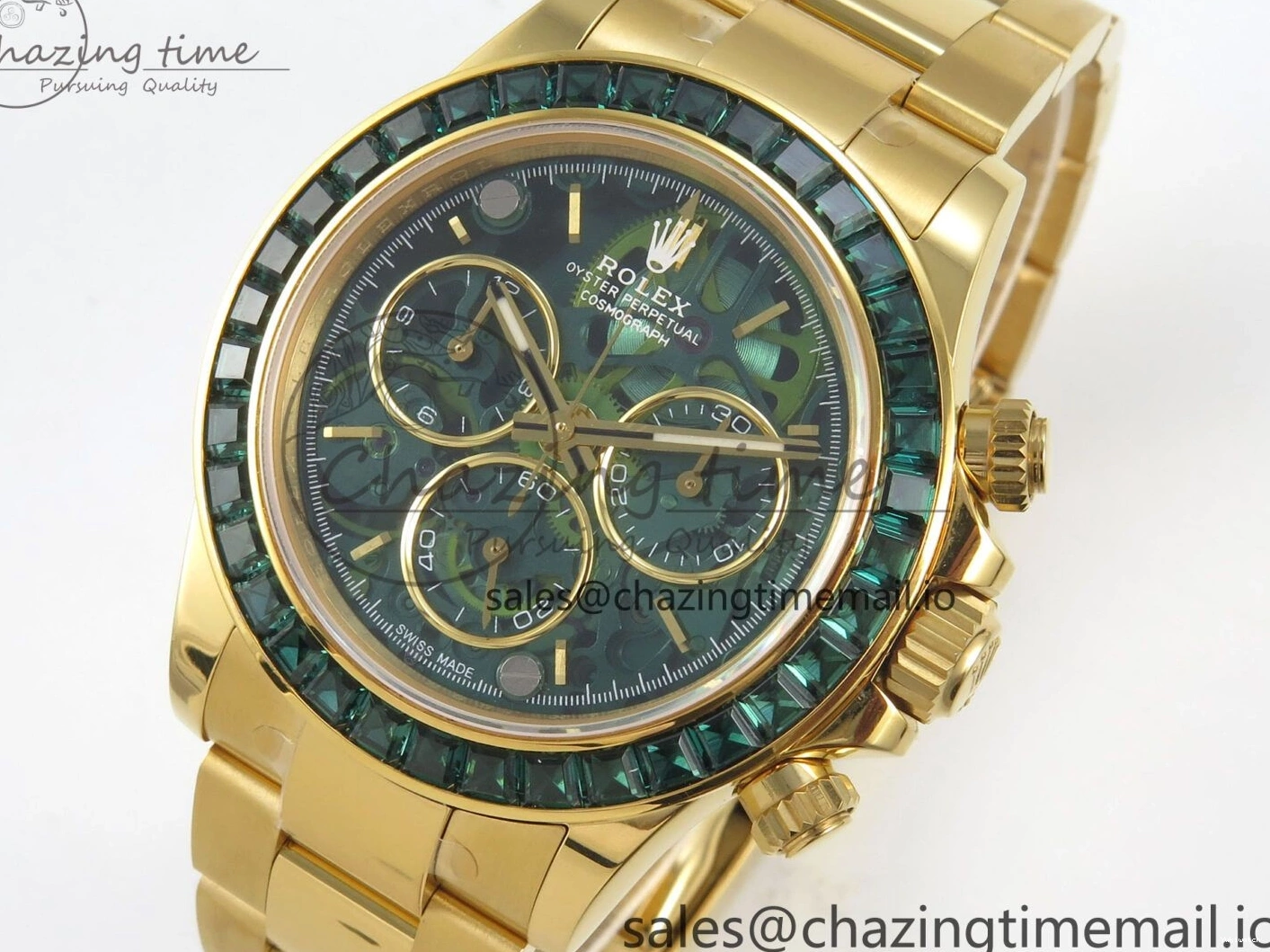 Bezel YG Crystals MPF SA4801 Skeleton Bracelet Custom 40mm Modded Green Dial Daytona on 0427